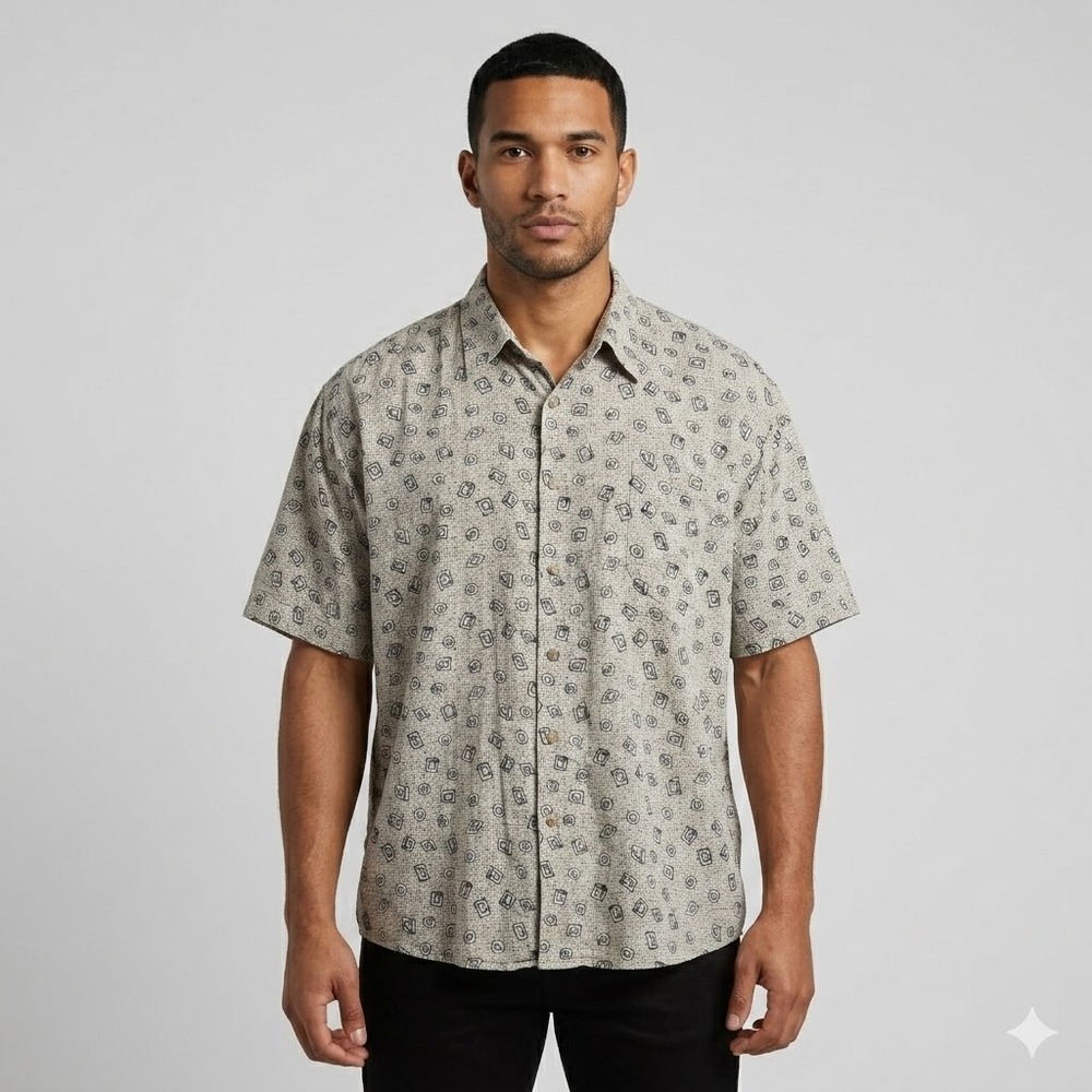 Summa Shirt Geometric Abstract Print Short Sleeve Button Down Beige 2XL